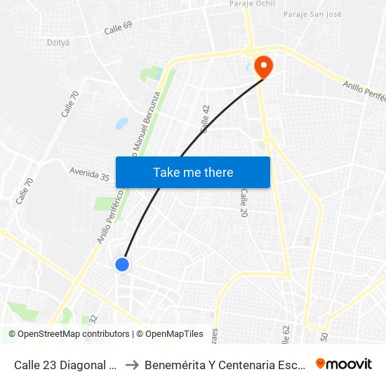 Calle 23 Diagonal Por 111-A-1 Y 13'-, Residencial Pensiones VI to Benemérita Y Centenaria Escuela Normal De Educación Primaria ""Rodolfomenéndez De La Peña"" map