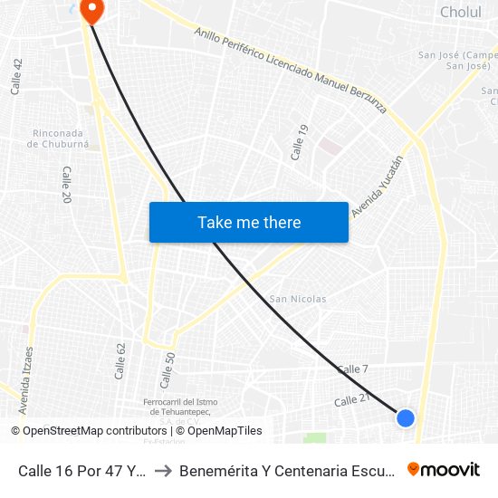 Calle 16 Por 47 Y 45 Diagonal, Salvador Alvarado Oriente to Benemérita Y Centenaria Escuela Normal De Educación Primaria ""Rodolfomenéndez De La Peña"" map