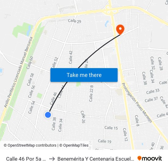 Calle 46 Por 5a Y 7, Fraccionamiento Arcos Del Sol to Benemérita Y Centenaria Escuela Normal De Educación Primaria ""Rodolfomenéndez De La Peña"" map