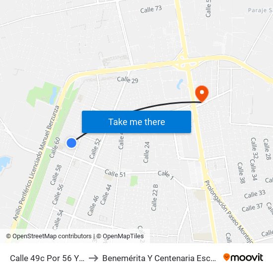 Calle 49c Por 56 Y 58, Fraccionamiento Francisco De Montejo to Benemérita Y Centenaria Escuela Normal De Educación Primaria ""Rodolfomenéndez De La Peña"" map