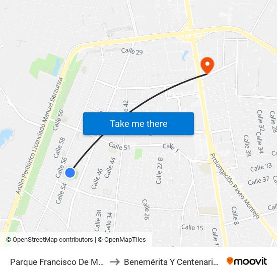 Parque Francisco De Montejo Ii, Calle 54 Por 55d Y 57, Fraccionamiento Francisco De Montejo to Benemérita Y Centenaria Escuela Normal De Educación Primaria ""Rodolfomenéndez De La Peña"" map