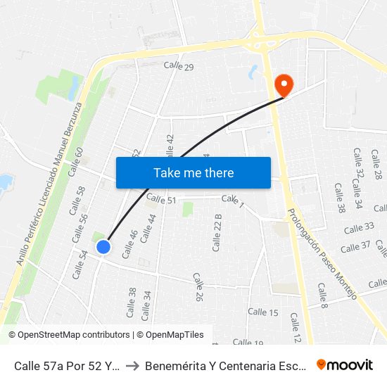 Calle 57a Por 52 Y 50, Fraccionamiento Francisco De Montejo to Benemérita Y Centenaria Escuela Normal De Educación Primaria ""Rodolfomenéndez De La Peña"" map