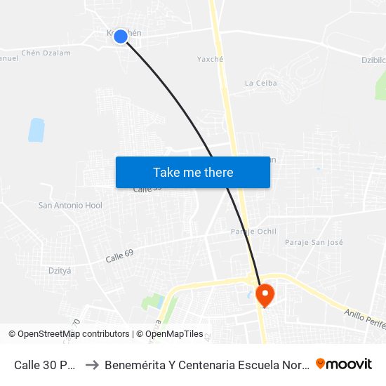 Calle 30 Por 31 Y 33, Komchén to Benemérita Y Centenaria Escuela Normal De Educación Primaria ""Rodolfomenéndez De La Peña"" map