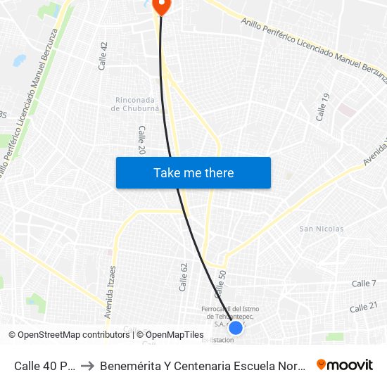 Calle 40 Por 51 Y 53, Centro to Benemérita Y Centenaria Escuela Normal De Educación Primaria ""Rodolfomenéndez De La Peña"" map