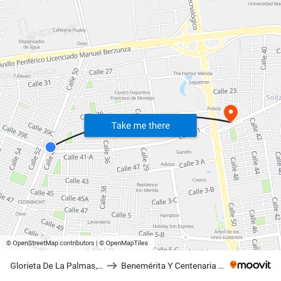 Glorieta De La Palmas, Calle 41 Por 48 Y 50, Fraccionamiento Francisco De Montejo III to Benemérita Y Centenaria Escuela Normal De Educación Primaria ""Rodolfomenéndez De La Peña"" map