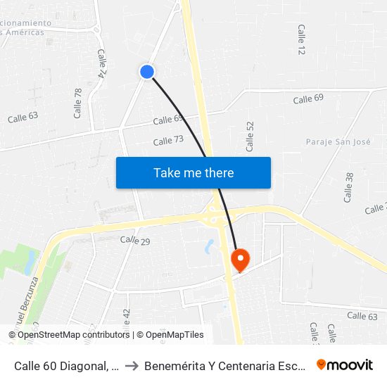 Calle 60 Diagonal, Fraccionamiento Parque Industrial Yucatán to Benemérita Y Centenaria Escuela Normal De Educación Primaria ""Rodolfomenéndez De La Peña"" map