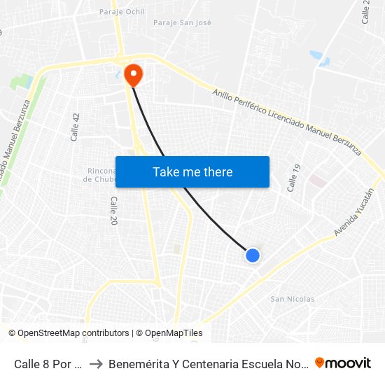 Calle 8 Por 15 Y 13a, Prado Norte to Benemérita Y Centenaria Escuela Normal De Educación Primaria ""Rodolfomenéndez De La Peña"" map