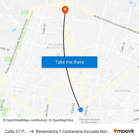 Calle 37 Por 54 Y 56, Centro to Benemérita Y Centenaria Escuela Normal De Educación Primaria ""Rodolfomenéndez De La Peña"" map