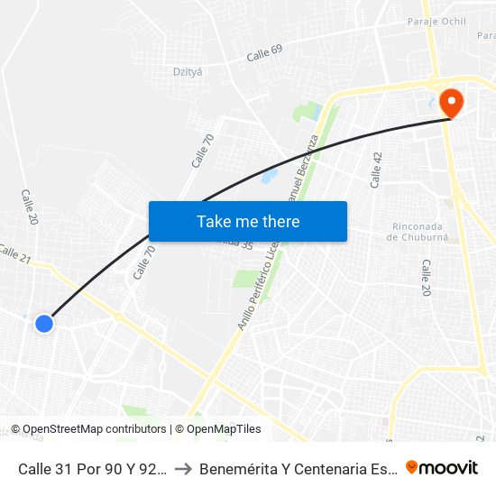 Calle 31 Por 90 Y 92 Fraccionamiento Ciudad Caucel Seccion Boulevares to Benemérita Y Centenaria Escuela Normal De Educación Primaria ""Rodolfomenéndez De La Peña"" map