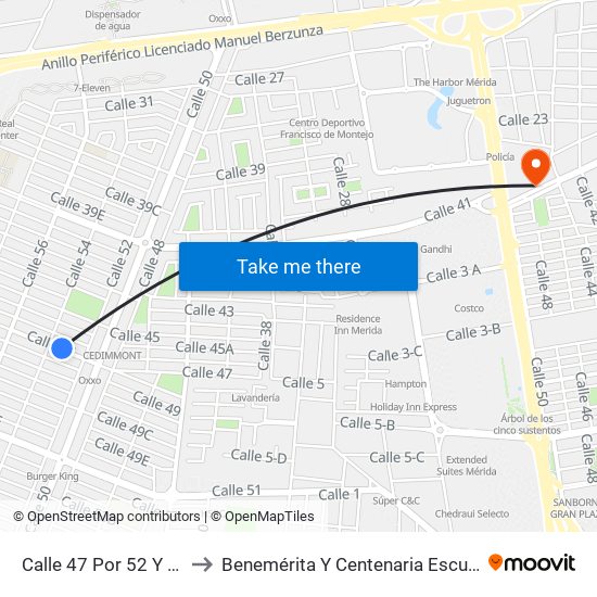 Calle 47 Por 52 Y 54, Fraccionamiento Francisco De Montejo to Benemérita Y Centenaria Escuela Normal De Educación Primaria ""Rodolfomenéndez De La Peña"" map