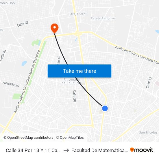 Calle 34 Por 13 Y 11 Campestre to Facultad De Matemáticas (Uady) map