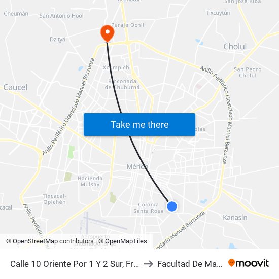 Calle 10 Oriente Por 1 Y 2 Sur, Fraccionamiento Unidad Morelos to Facultad De Matemáticas (Uady) map