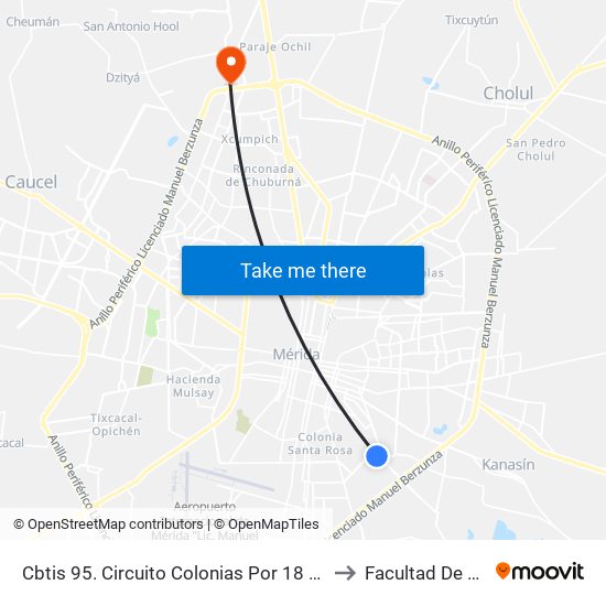 Cbtis 95. Circuito Colonias Por 18 Poniente Y 5 Sur, Colonia Salvador Alvarado Sur to Facultad De Matemáticas (Uady) map