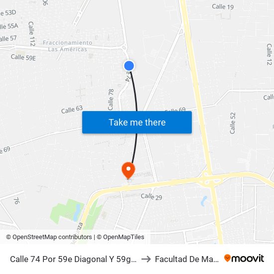 Calle 74 Por 59e Diagonal Y 59g, Fraccionamiento Las Américas to Facultad De Matemáticas (Uady) map