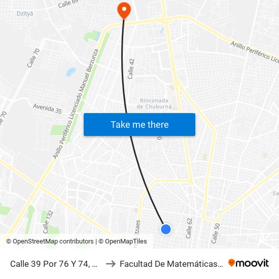 Calle 39 Por 76 Y 74, Centro. to Facultad De Matemáticas (Uady) map