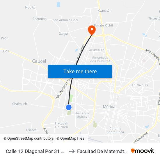 Calle 12 Diagonal Por 31 Y 33, Mulsay I to Facultad De Matemáticas (Uady) map