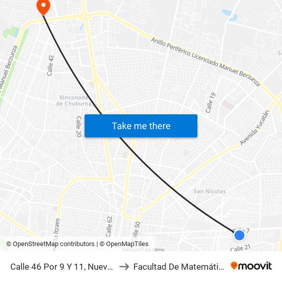 Calle 46 Por 9 Y 11, Nueva Pacabtún, to Facultad De Matemáticas (Uady) map