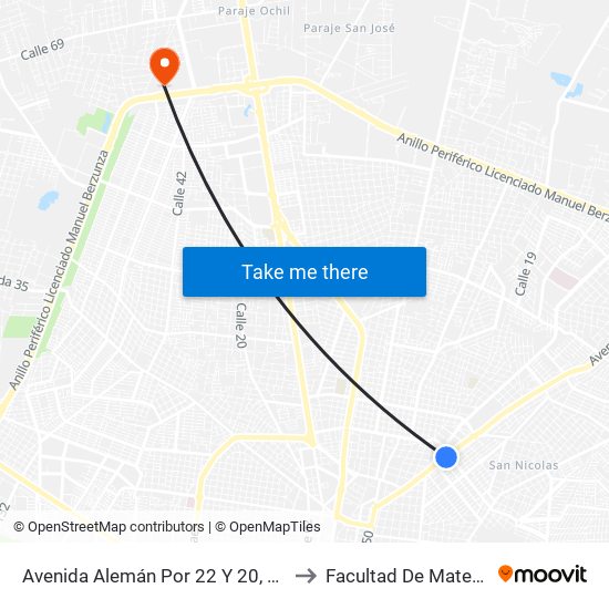 Avenida Alemán Por 22 Y 20, Colonia Miguel Alemán. to Facultad De Matemáticas (Uady) map