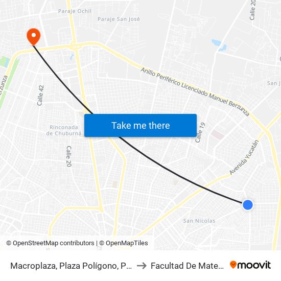 Macroplaza, Plaza Polígono, Parque Y Glorieta Xtabay to Facultad De Matemáticas (Uady) map