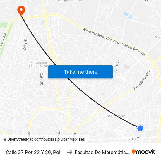 Calle 37 Por 22 Y 20, Polígono 108 to Facultad De Matemáticas (Uady) map