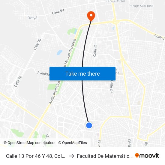Calle 13 Por 46 Y 48, Colonia Roma to Facultad De Matemáticas (Uady) map