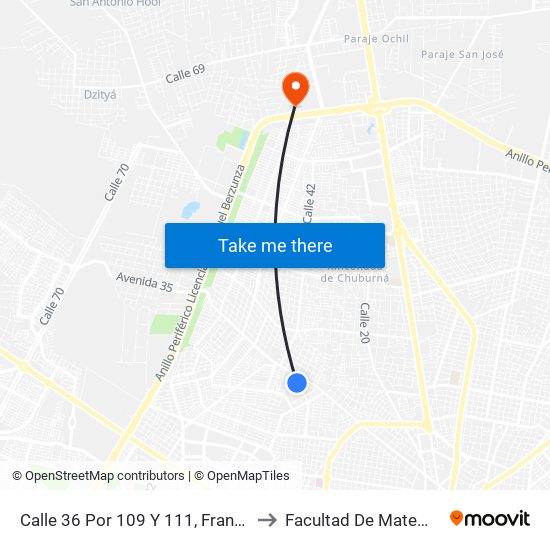 Calle 36 Por 109 Y 111, Francisco Villa Poniente to Facultad De Matemáticas (Uady) map