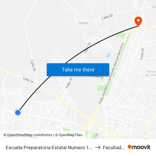 Escuela Preparatoria Estatal Numero 10, Calle 59 Por Avenida 106 Y 104, Fracc. Balcones Ii(Fin De Ruta 197 Caucel R4 Animaya) to Facultad De Matemáticas (Uady) map