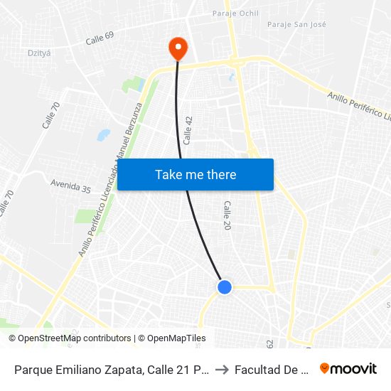 Parque Emiliano Zapata, Calle 21 Por 43, Fraccionamiento Pedregales De Tanlum to Facultad De Matemáticas (Uady) map