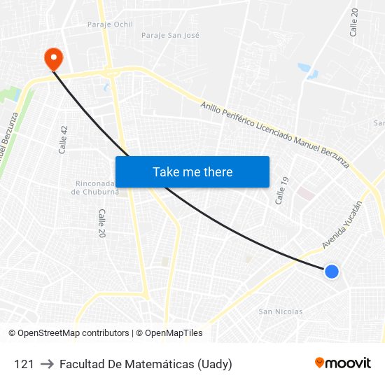 121 to Facultad De Matemáticas (Uady) map