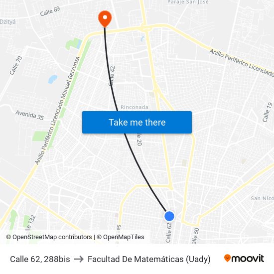 Calle 62, 288bis to Facultad De Matemáticas (Uady) map