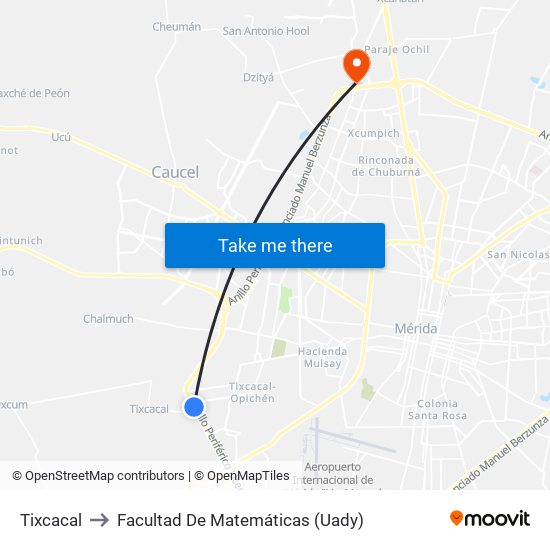 Tixcacal to Facultad De Matemáticas (Uady) map