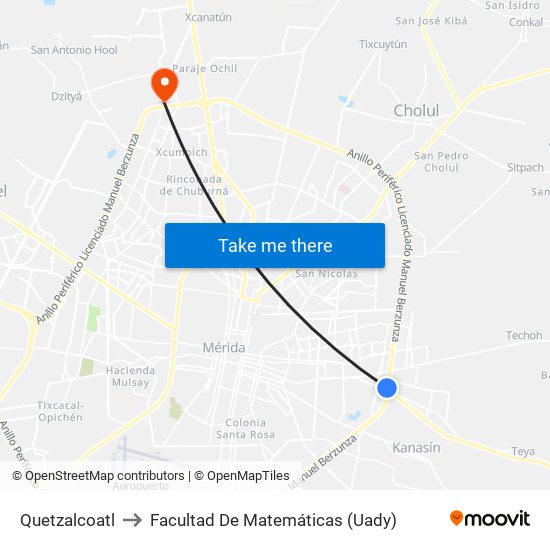 Quetzalcoatl to Facultad De Matemáticas (Uady) map