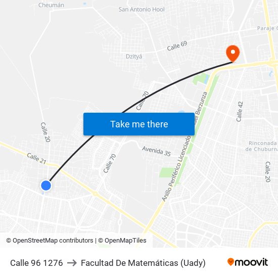 Calle 96 1276 to Facultad De Matemáticas (Uady) map