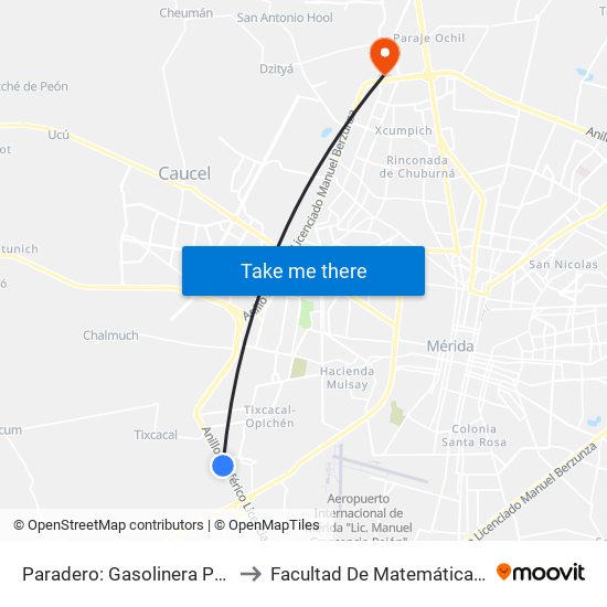 Paradero: Gasolinera Periférico to Facultad De Matemáticas (Uady) map