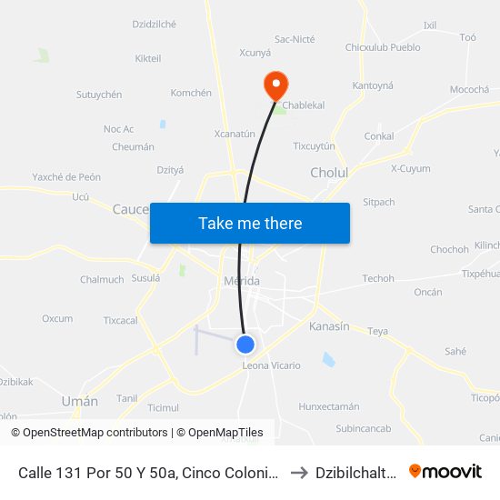 Calle 131 Por 50 Y 50a, Cinco Colonias to Dzibilchaltún map