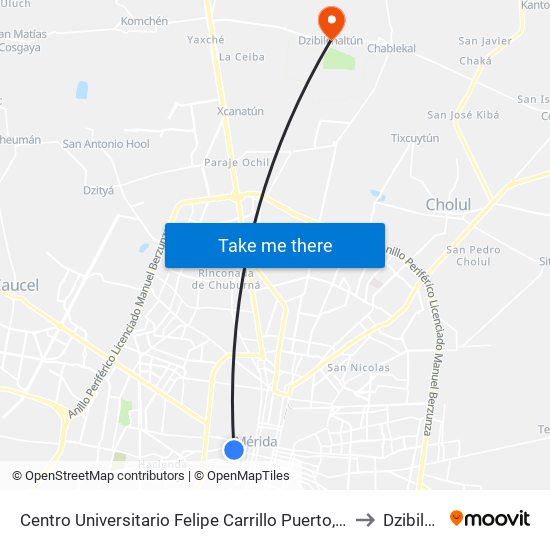 Centro Universitario Felipe Carrillo Puerto, Calle 65 Por 70 Y 72, Centro to Dzibilchaltún map