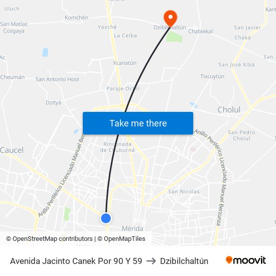 Avenida Jacinto Canek Por 90 Y 59 to Dzibilchaltún map