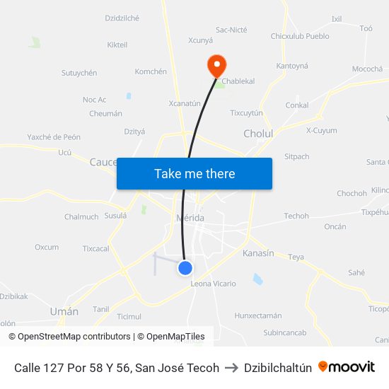 Calle 127 Por 58 Y 56, San José Tecoh to Dzibilchaltún map