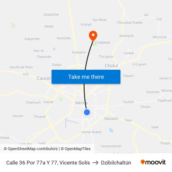 Calle 36 Por 77a Y 77, Vicente Solís to Dzibilchaltún map