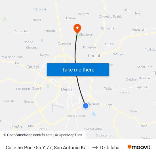 Calle 56 Por 75a Y 77, San Antonio Kaua III to Dzibilchaltún map