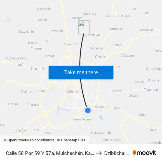 Calle 58 Por 59 Y 57a, Mulchechén, Kanasín to Dzibilchaltún map