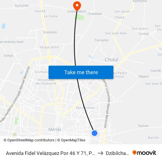 Avenida Fidel Velázquez Por 46 Y 71, Pacabtún to Dzibilchaltún map