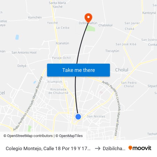 Colegio Montejo, Calle 18 Por 19 Y 17b, Itzimná to Dzibilchaltún map