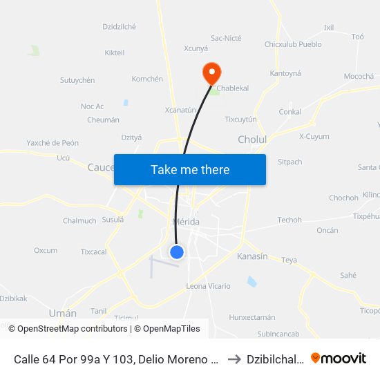 Calle 64 Por 99a Y 103, Delio Moreno Cantón to Dzibilchaltún map