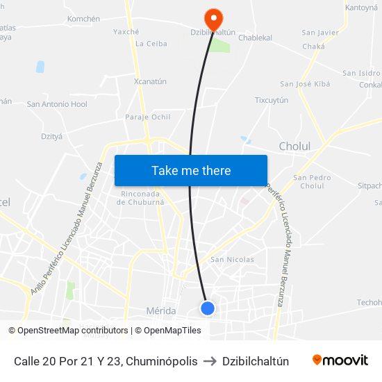 Calle 20 Por 21 Y 23, Chuminópolis to Dzibilchaltún map