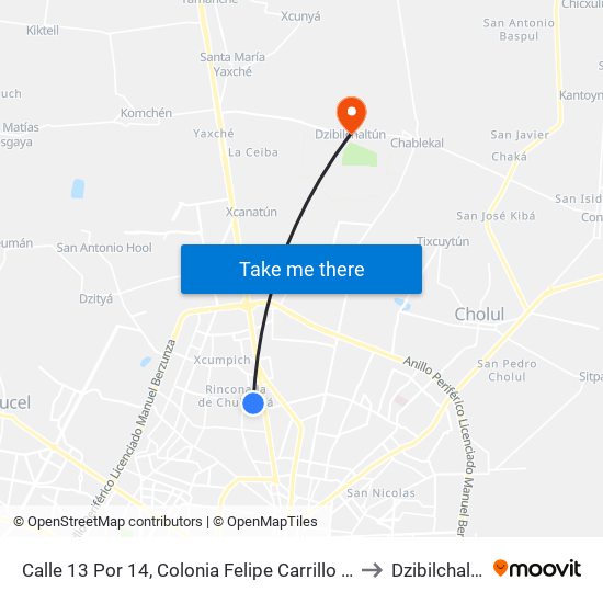 Calle 13 Por 14, Colonia Felipe Carrillo Puerto to Dzibilchaltún map