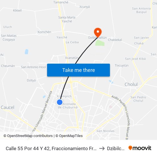 Calle 55 Por 44 Y 42, Fraccionamiento Francisco De Montejo to Dzibilchaltún map