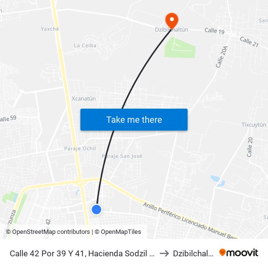 Calle 42 Por 39 Y 41, Hacienda Sodzil Norte to Dzibilchaltún map