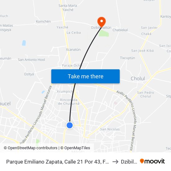 Parque Emiliano Zapata, Calle 21 Por 43, Fraccionamiento Pedregales De Tanlum to Dzibilchaltún map