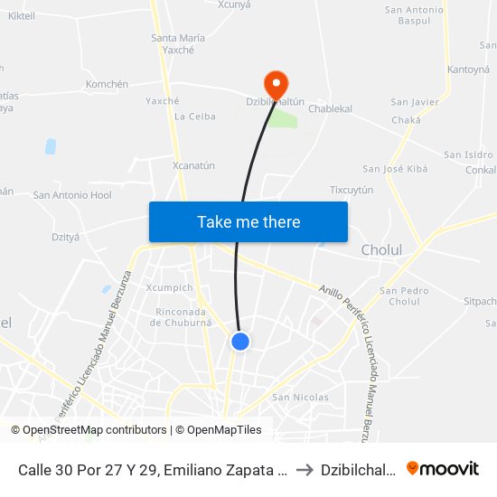 Calle 30 Por 27 Y 29, Emiliano Zapata Norte to Dzibilchaltún map